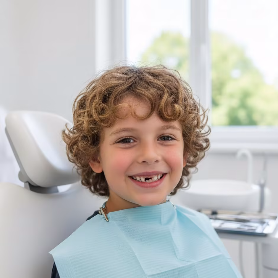 Smiling boy sitting in a pediatric dental chair